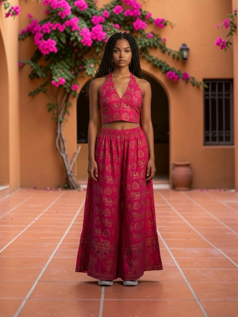 Women’s Magenta Halter Crop Top & Wide-Leg Pants Set